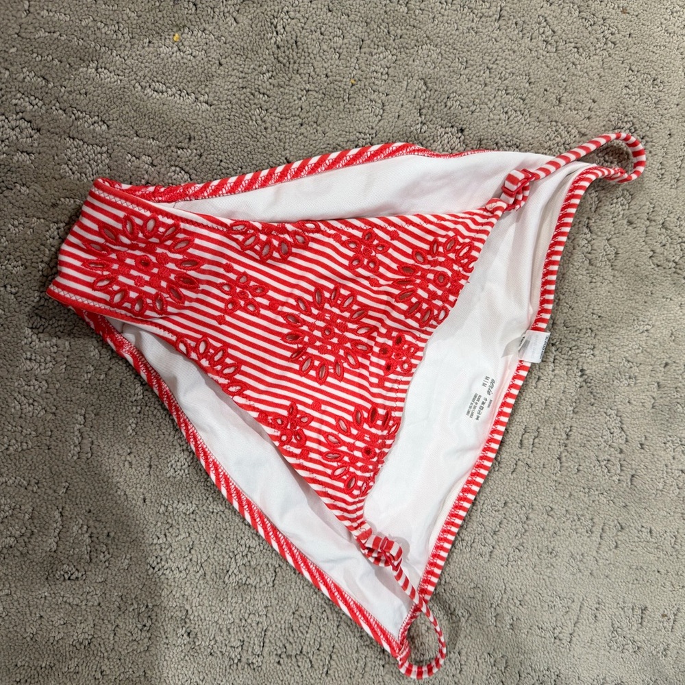Red & White Striped Bikini Bottom with Floral Appliqué